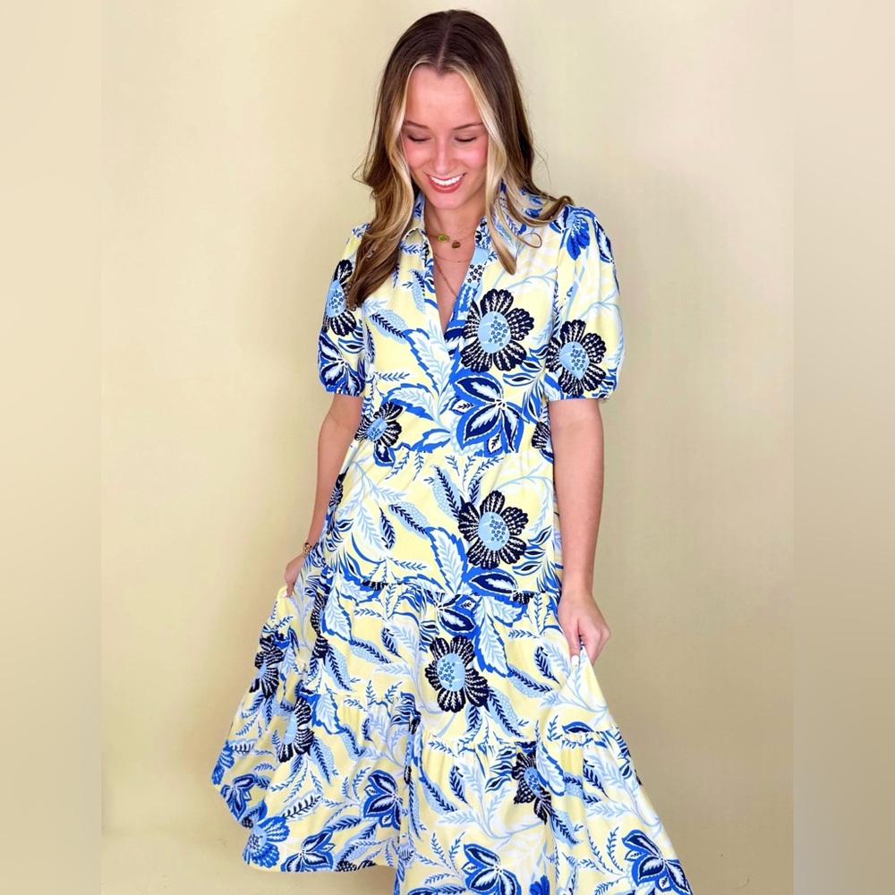 NWT Jude Connally Blue and Yellow Floral Midi Dress